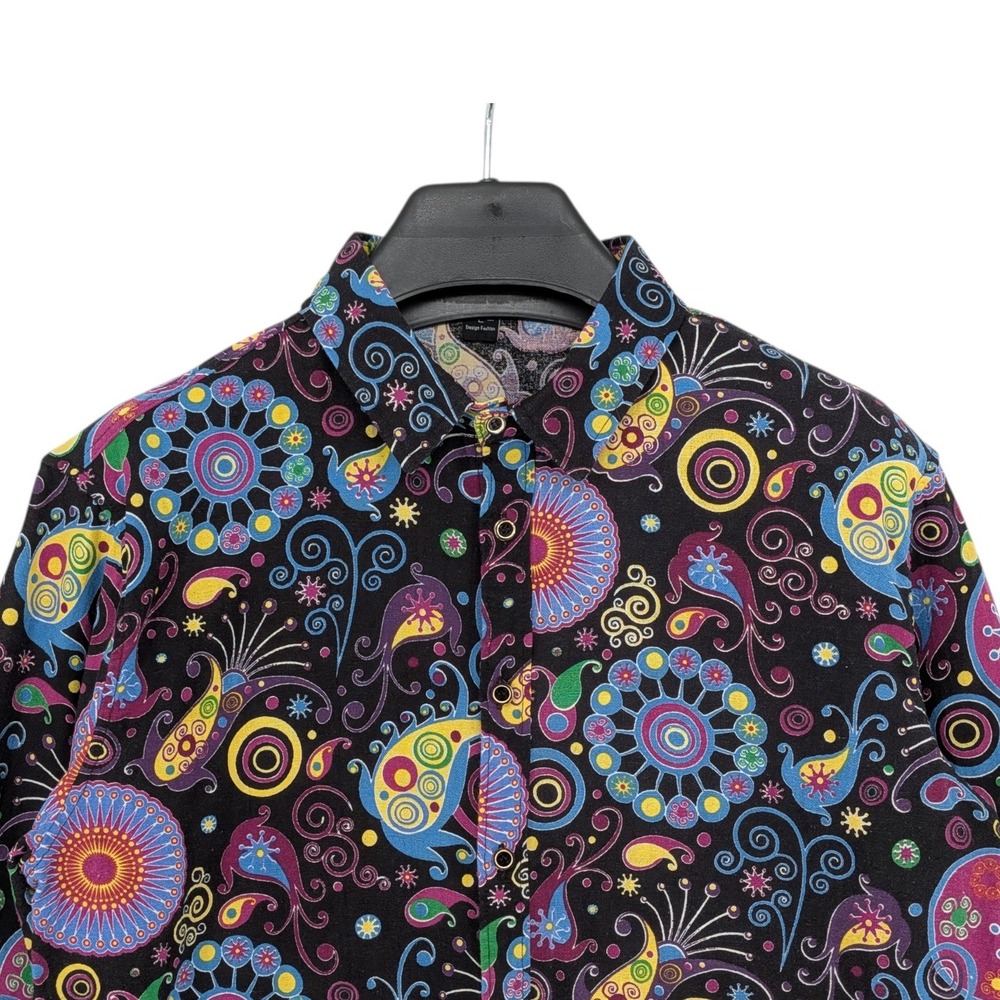 Vintage Psychedelic Paisley Button Down Shirt Mens L Black Mod Art Festival - Picture 2 of 10
